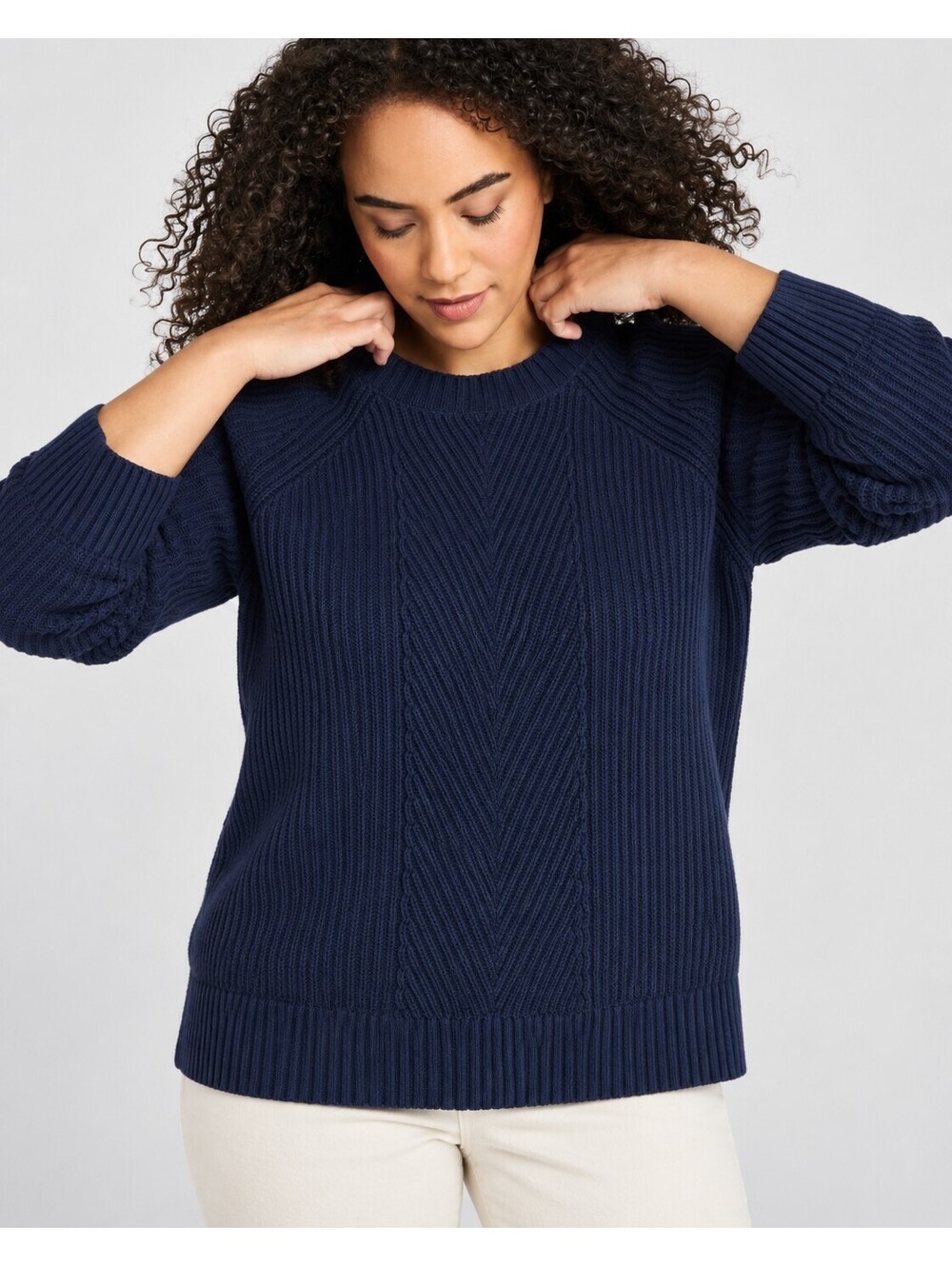 LL Bean Mariner Shaker Sweater Woman's M Navy Herringbone Crewneck Preppy